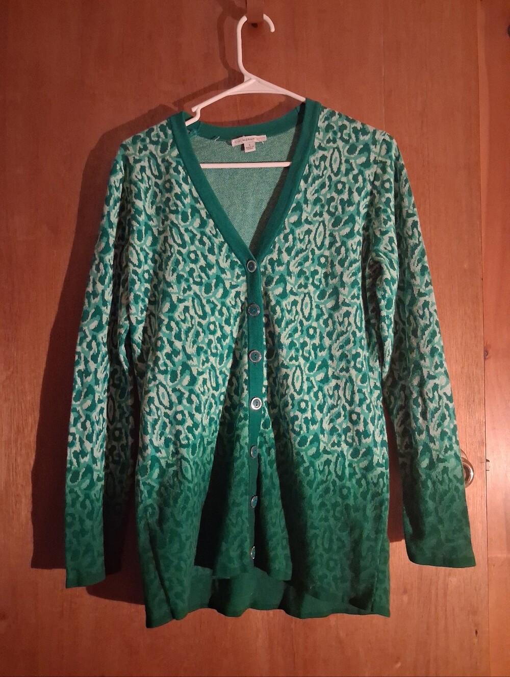 Isaac Mizrahi Green Leopard Print Button Cardigan